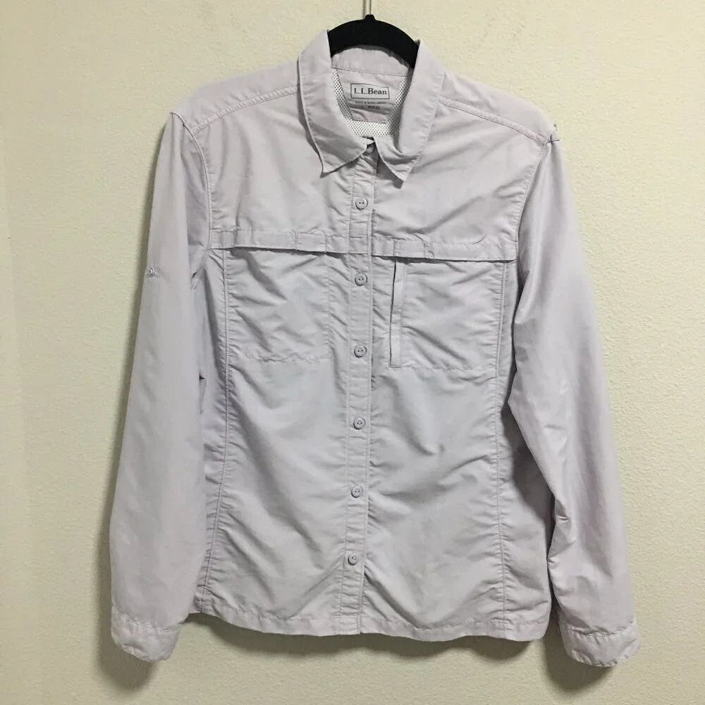 LL Bean Women Lavender Collared Pockets Long Roll Tab Sleeve Button Shirt Top L